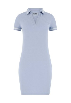 Lyseblå polo-kjole med en tætsiddende pasform, hvide stribede detaljer på ærmerne og en V-udskæring. Fremstillet af et blødt, ribbet stof.