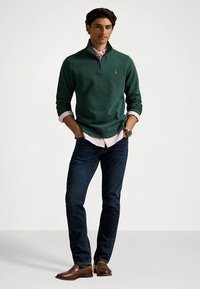 Πράσινο πουλόβερ με φερμουάρ, μακριά μανίκια πάνω από ένα ανοιχτό ροζ πουκάμισο με γιακά. Σκούρο μπλε τζιν και καφέ δερμάτινα παπούτσια. Απλός σχεδιασμός, χωρίς σχέδια.