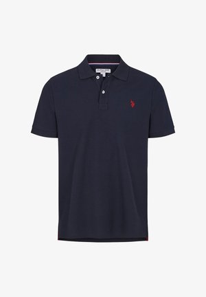 Tumesinine lühikeste varrukatega polosärk krae, kahe valge nööbi ja vasakul rinnal väikese punase tikitud logoga.