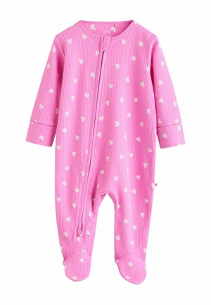 Roze geribbelde onesie met witte hartpatronen, lange mouwen, voetjes aan de onderkant en een ritssluiting aan de voorkant voor gemakkelijk aankleden.