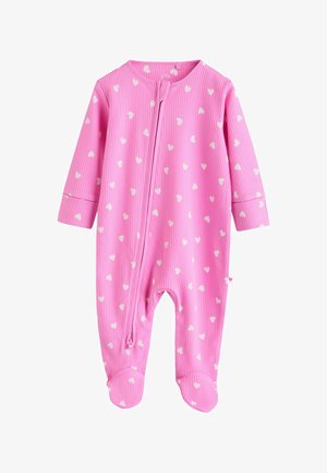 Rožinis ribuotas smėlinukas su baltomis širdelių raštais, ilgomis rankovėmis, uždengtomis kojytėmis ir užtrauktuku priekyje patogiam rengimui.