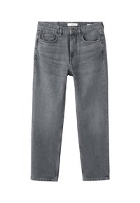 Jeans de mezclilla gris con corte recto, cinco bolsillos y cierre de botón y cremallera. Presenta una textura sutil y un detalle de costura mínimo.