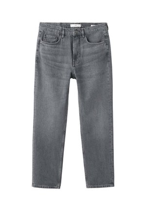 Jeans de mezclilla gris con corte recto, cinco bolsillos y cierre de botón y cremallera. Presenta una textura sutil y un detalle de costura mínimo.