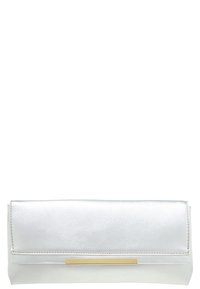 Kabelka na příruční věci z lesklého bílého materiálu s překlopným designem, na přední straně s zlatým dekorativním pruhem. Hladký povrch, obdélníkový tvar.