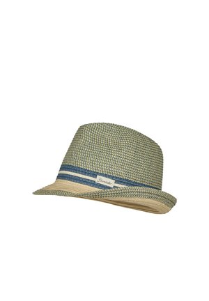 Geflochtener beiger und grüner Fedora-Hut mit blau-weiß gestreiftem Band und einem kleinen rechteckigen Markenetikett an der Seite.