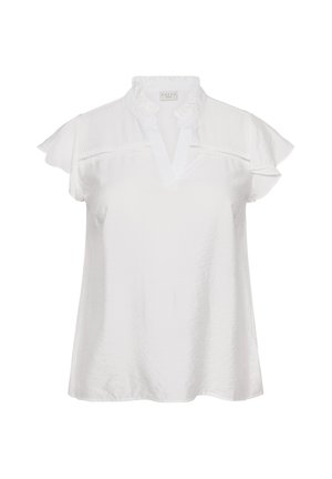 Valge lühikeste varrukatega pluus volditud kraega ja õrna pitsilõikega üle rinna, lahtise lõikega, kerge kangaga.