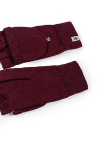 Burgundy knitted gloves with a ribbed cuff, a button detail, and a cozy texture. Features fingerless design for easy use.