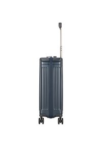 Valigia rigida blu navy con scanalature verticali, maniglia retraibile e quattro ruote per la mobilità. Chiusura a zip sul fronte.