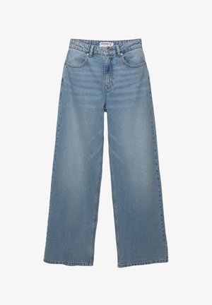 Vaaleansiniset leveälahkeiset farkut, valmistettu denimistä. Ominaisuuksiin kuuluu korkea vyötärö, viisi taskua ja suora leikkaus, jolla on vähäistä haalistumista.