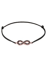 Bracelet en cordon noir avec un symbole infini en or rose orné de perles noires, mettant en avant son design élégant et sa matière durable.