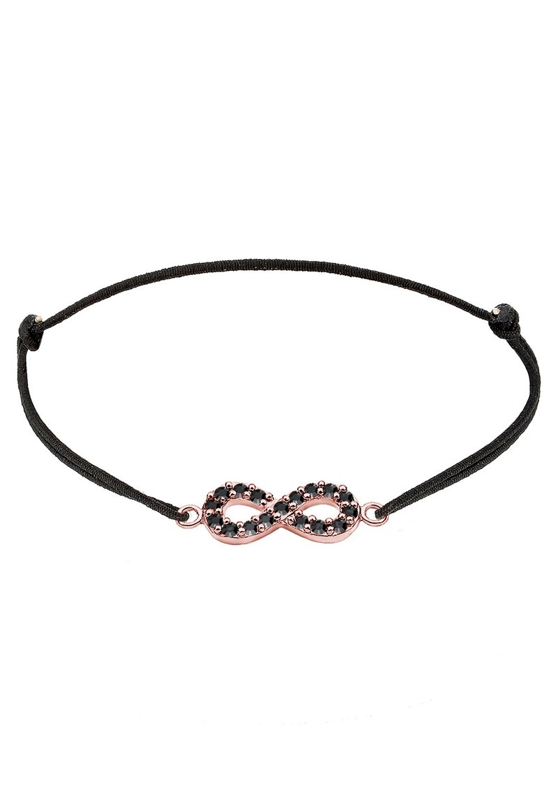Bracelet en cordon noir avec un symbole infini en or rose orné de perles noires, mettant en avant son design élégant et sa matière durable.