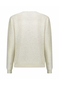 Maglione beige chiaro con una texture morbida, maniche lunghe e scollo rotondo, decorato con sottili macchie multicolori distribuite su tutta la superficie.