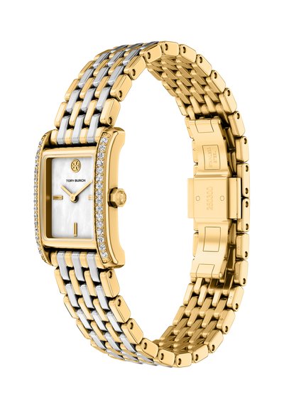 Gold-tone stainless steel watch with a rectangular case, white mother-of-pearl dial, and diamond accents. Multi-link bracelet features gold and silver tones.