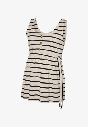 Triibuline tanktop kreemikas ja mustas, millel on sügav kaelus, esiküljel nupud, kogutud vöökoht ja küljel lipsu detail.