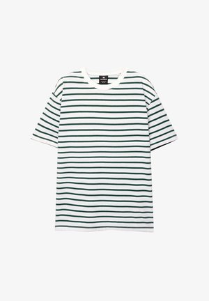 Gestreiftes T-Shirt mit abwechselnd grünen und weißen horizontalen Streifen, kurzen Ärmeln und einem runden Halsausschnitt aus weichem Baumwollstoff.