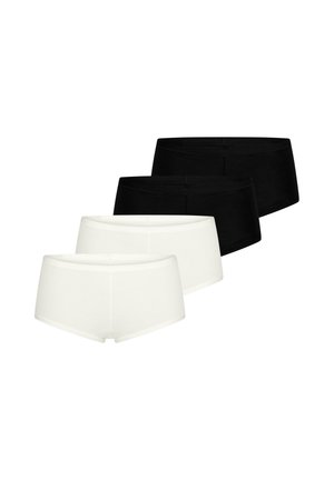 Twee zwarte en twee witte naadloze dameshipsteronderbroeken, in een verspringende rij gerangschikt.