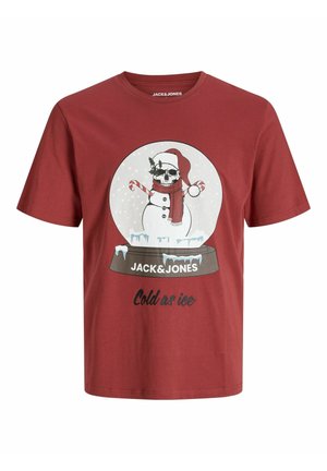 T-shirt en coton rouge avec un graphique d'un bonhomme de neige à tête de mort portant un chapeau et une écharpe rouges, avec le texte "Froid comme la glace" en dessous.