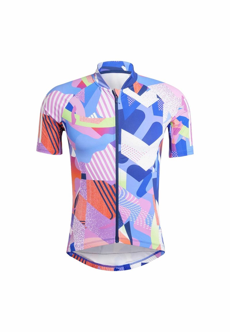 Jersey de ciclismo de manga corta con un patrón abstracto colorido en tonos de azul, rosa, naranja y verde, hecho de tejido ligero.