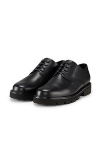 Scarpe in pelle nera con una finitura liscia, punta arrotondata, allacciatura tradizionale e suola in gomma robusta per una buona aderenza.