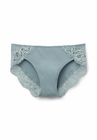 Lichtblauwe onderbroek met kant langs de zijkanten, zacht materiaal en een gladde tailleband, ontworpen voor comfort en flexibiliteit.