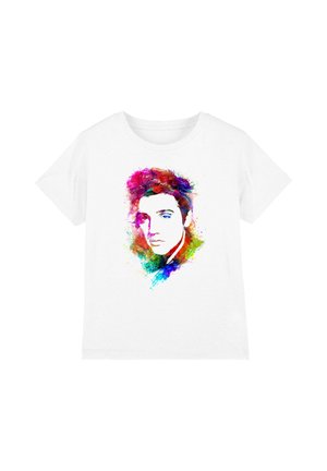 White T-shirt featuring a colorful, abstract watercolor portrait of a man's face with detailed eyes and hair.