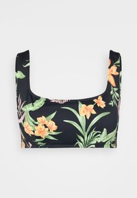 Top bikini nero con scollatura squadrata, decorato con fiori arancioni vivaci e foglie verdi in un motivo tropicale. Tessuto elastico e liscio.