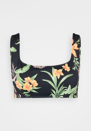 Black bikini top with a square neckline, featuring vibrant orange flowers and green leaves in a tropical pattern. Smooth elastic fabric.