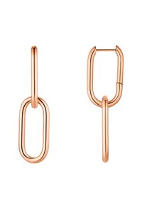 Orecchini a cerchio in rosé gold con un design ovale allungato, superfici lisce e una forma minimalista. Il meccanismo include una chiusura sicura.