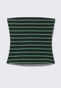 Black and green striped fabric item with a soft texture. The stripes are in various widths, creating a visually dynamic pattern.
