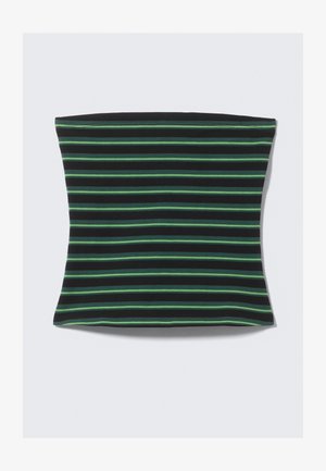 Un tissu rayé noir et vert avec une texture douce. Les rayures varient en largeur, créant un motif visuellement dynamique.