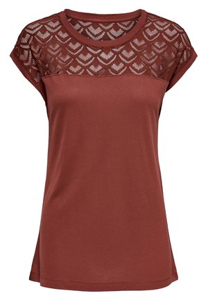 Bruine T-shirt met een gestructureerde kant bovenkant met een bladpatroon, korte mouwen en een ronde halslijn. Zacht materiaal met een comfortabele pasvorm.