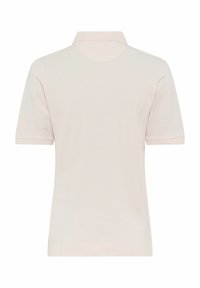 Lyserød polo-shirt, korte ærmer, klassisk krave, blød tekstur, ensfarvet design, subtile sømdetaljer, ingen synlige logoer eller mønstre.
