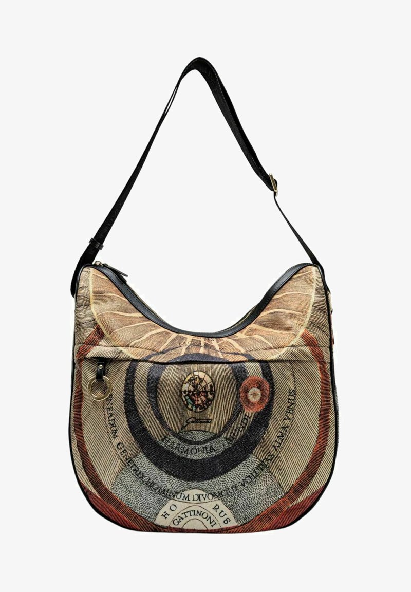 Borsa a spalla in stile hobo realizzata in tessuto con motivi circolari in tonalità terrose, dotata di una tasca con zip e dettagli in pelle nera.