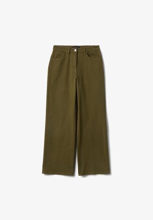 Olive green wide-leg pants made of cotton, featuring front pockets, a button closure, and clean, finished hems. Smooth texture throughout.