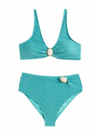 Türkis glitzerndes Bikini-Set mit hoch taillierten Hosen und ovalen weißen Stein-Akzenten an Ober- und Unterteil.