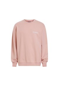 Sweat-shirt léger rose pâle à manches longues et col rond avec le logo "ALLSAINTS" en blanc sur la poitrine gauche, poignets et ourlet côtelés.