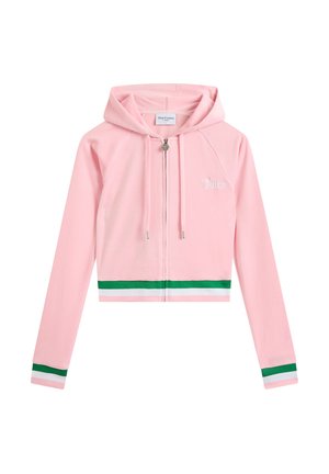 Roze cropped hoodie met een rits aan de voorkant, metalen trekker en 'Juicy' borduursel. Voorzien van groen-witte gestreepte accenten op de zoom en de mouwen.