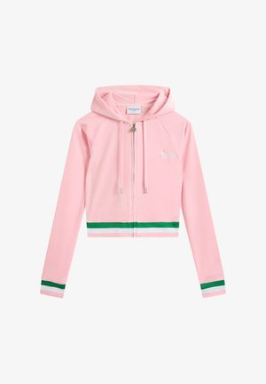 Rosa, kurze Kapuzenjacke mit einem Reißverschluss vorne, Metall-Zipper und "Juicy" Bestickung. Hat grün-weiße gestreifte Akzente am Saum und an den Bündchen.