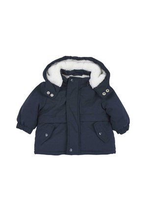 Manteau d’hiver pour enfant bleu marine avec capuche boutonnée et doublure en polaire blanche, fermeture boutonnée devant, poignets élastiques, et deux poches avant à rabat.