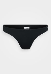 Black bikini bottom with a smooth, stretchy finish and a low-rise waistband. Features a Roxy label inside.