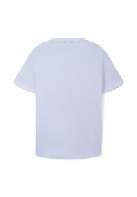T-shirt azzurro chiaro a maniche corte, scollo rotondo, tessuto morbido, vestibilità leggermente ampia, orlo dritto nella parte inferiore senza motivi o dettagli visibili.