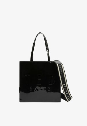 Bolso tote Ted Baker de charol negro con dos asas y una correa de hombro desmontable con marca.