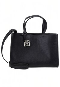 Black leather tote bag with embossed logo design, dual handles, and adjustable shoulder strap. Silver logo tag attached. Rectangular shape.