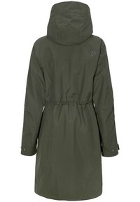 Olivgrüner wasserdichter Parka mit Kapuze, verstellbarem Taillenband und Knöpfen an den Bündchen. Glatte Textur ohne sichtbare Muster oder Akzente.