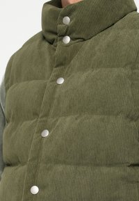 Vest verde din catifea cu guler înalt și nasturi din argint. Prezintă o textură matlasată și un model cu dungi, subliniind un design casual.