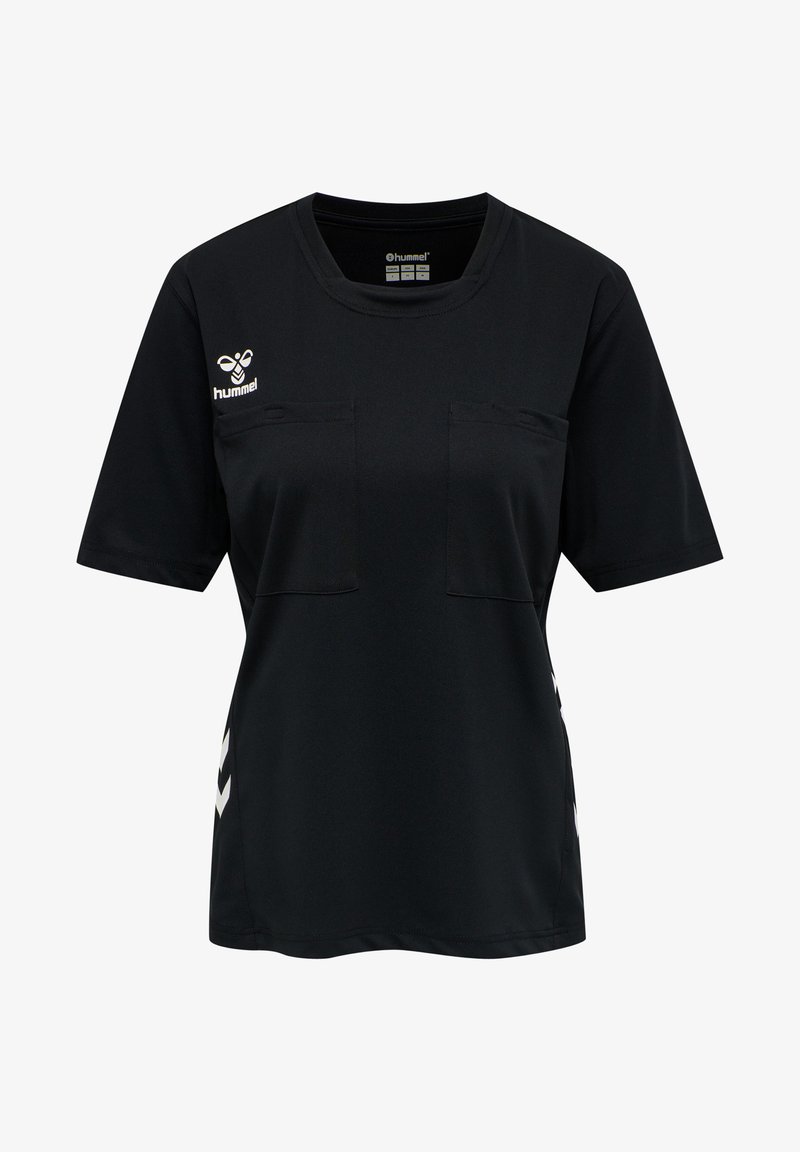 Zwart sportshirt met korte mouwen en ronde hals, twee borstzakken en witte chevronaccenten aan de zijkanten. Gemaakt van glad, lichtgewicht materiaal.