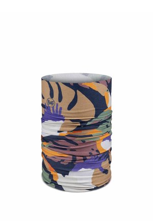 Braga tubular multicolor de tela con patrones abstractos de animales y huellas de manos en tonos azul, beige, naranja, verde y púrpura.