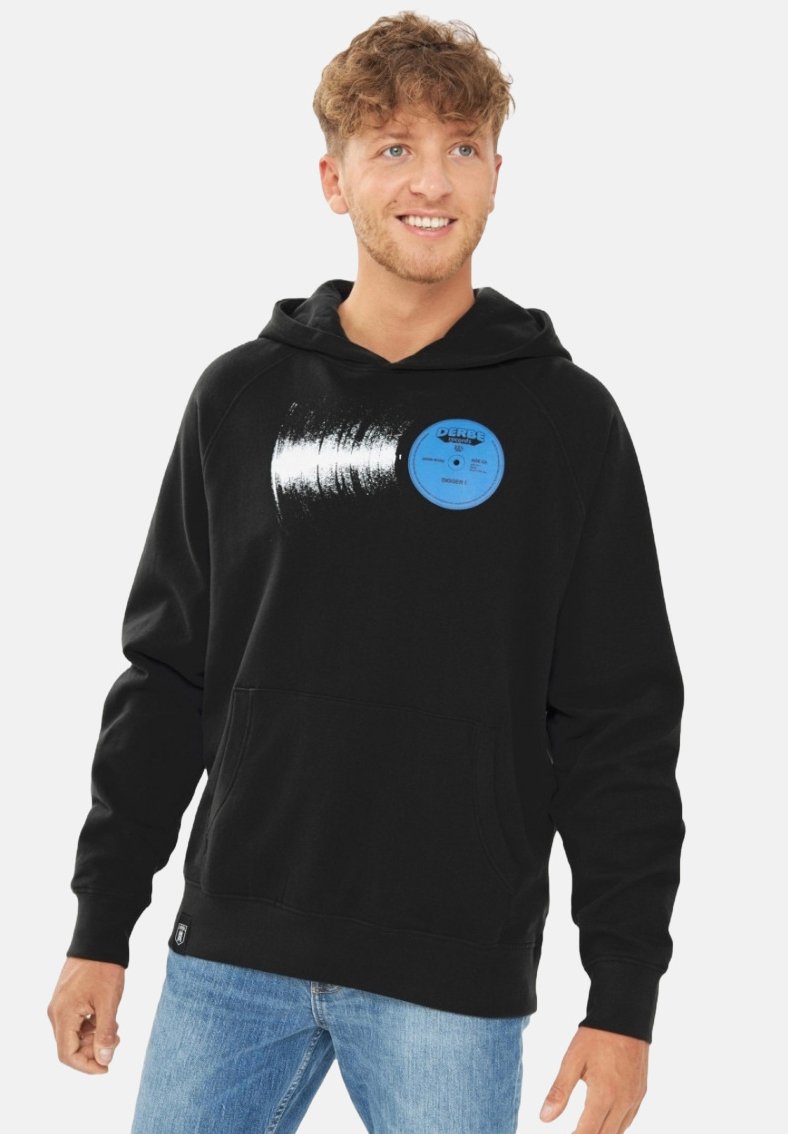 Black hoodie featuring a blue vinyl record graphic with a textured white streak. It has a front pocket and ribbed cuffs and hem.