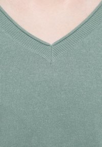 Πουλόβερ με λαιμόκοψη V από μαλακό, υφαντό ύφασμα με υφή. Το χρώμα είναι απαλό πράσινο με ριμπ λεπτομέρειες γύρω από τη λαιμόκοψη και το σώμα.