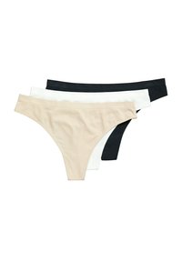 Verpakking van drie stringonderbroeken in beige, wit en zwart; gemaakt van zacht materiaal met een gladde textuur en een lage taille.